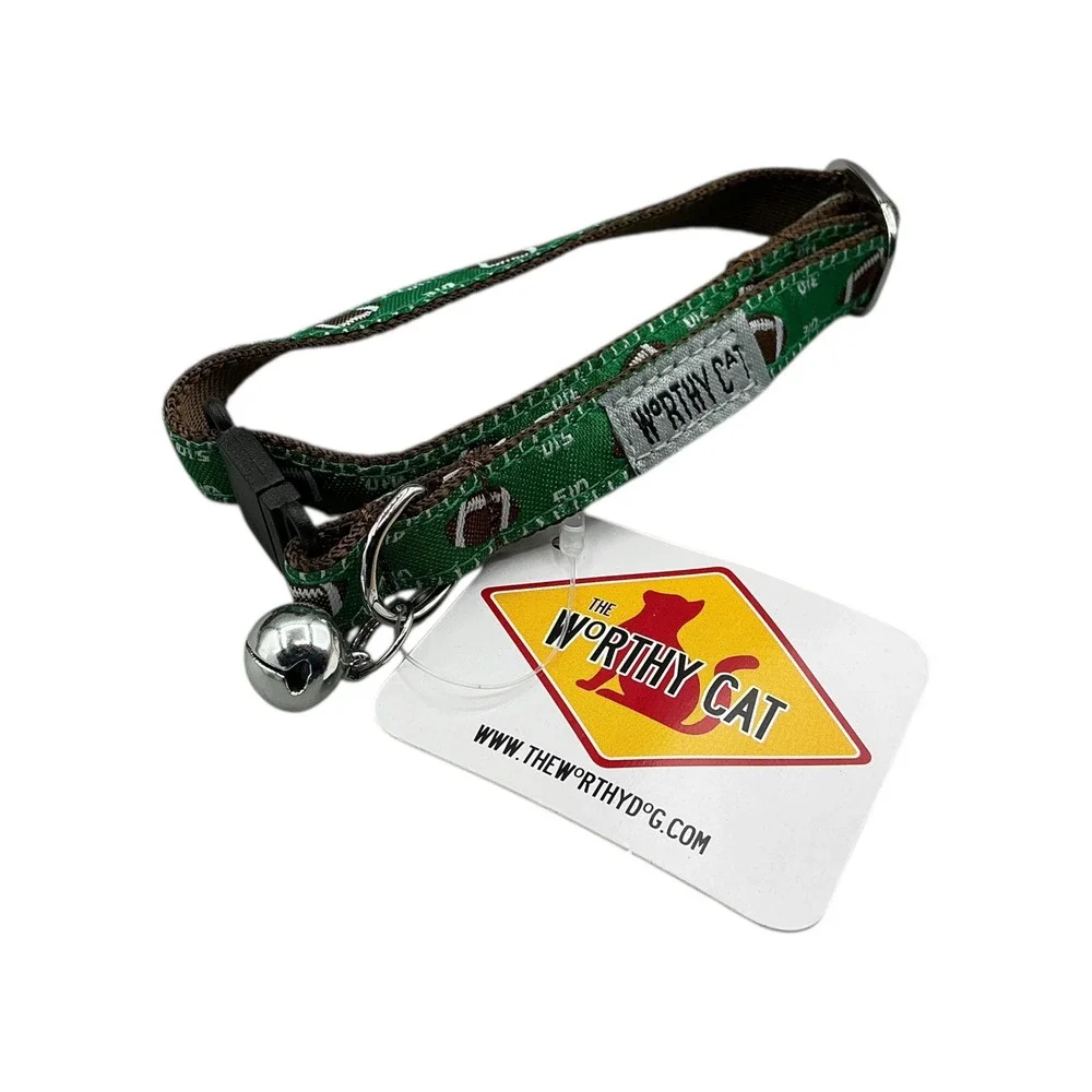 The Worthy Cat Green Football Field Pattern Cat Collar with Bell Size 10 Inch